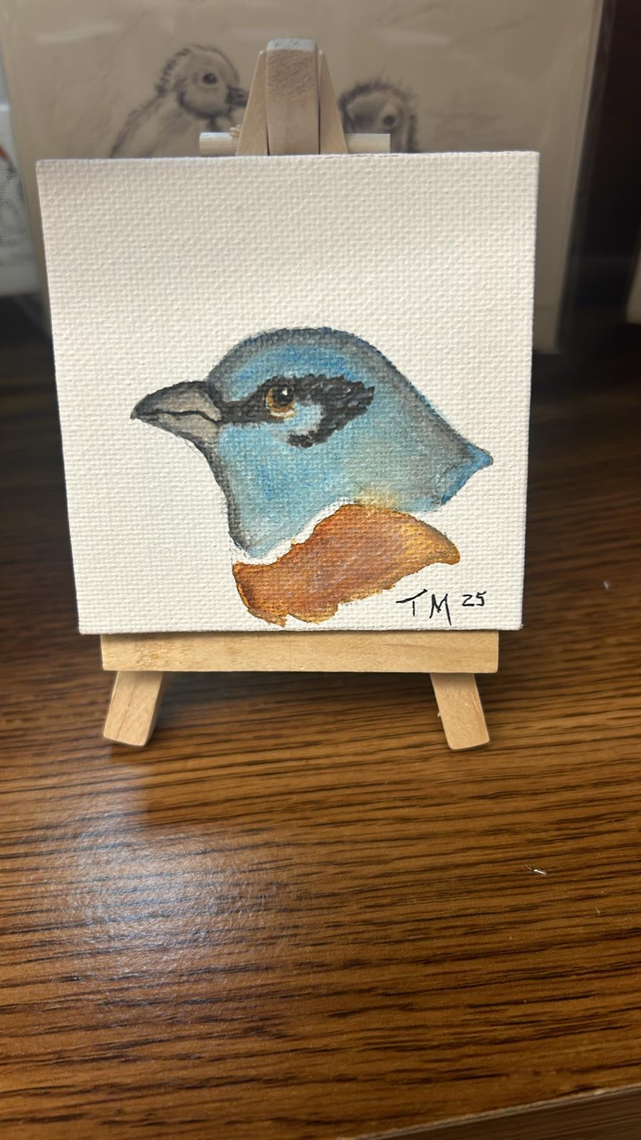 Miniature Blue & Siena Abstract – 3x3" Original Watercolor/Gouache on Canvas with Wooden Easel by Tara