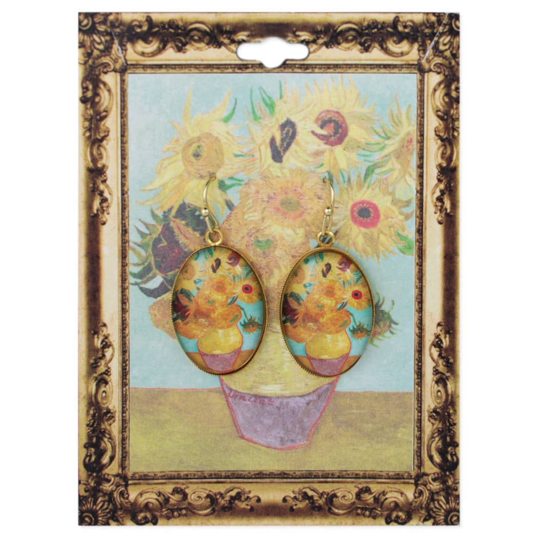 Sunflowers Print Gold Oval Fine Art Earrings