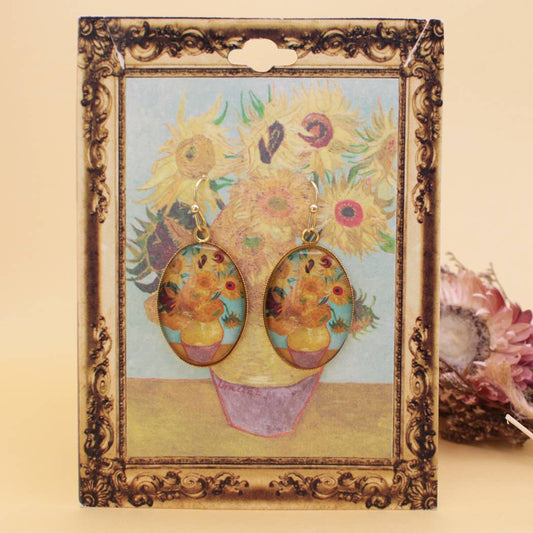 Sunflowers Print Gold Oval Fine Art Earrings