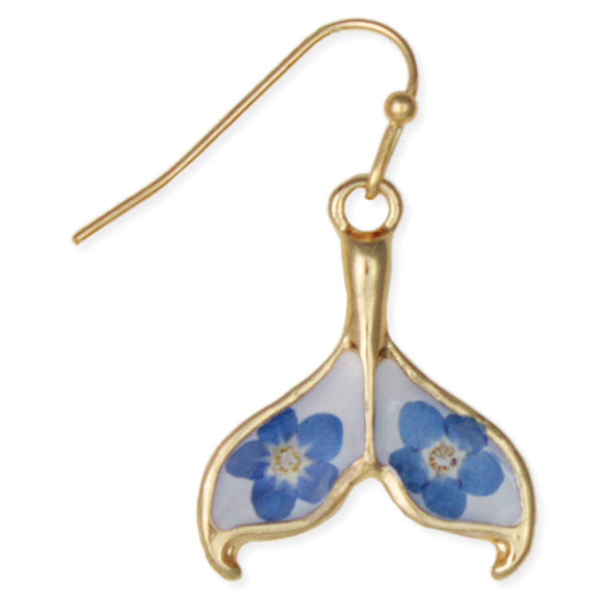 Ocean Blue Dried Flower Gold Mermaid Tail Earrings