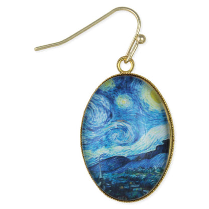 Starry Night Print Gold Oval Fine Art Earrings