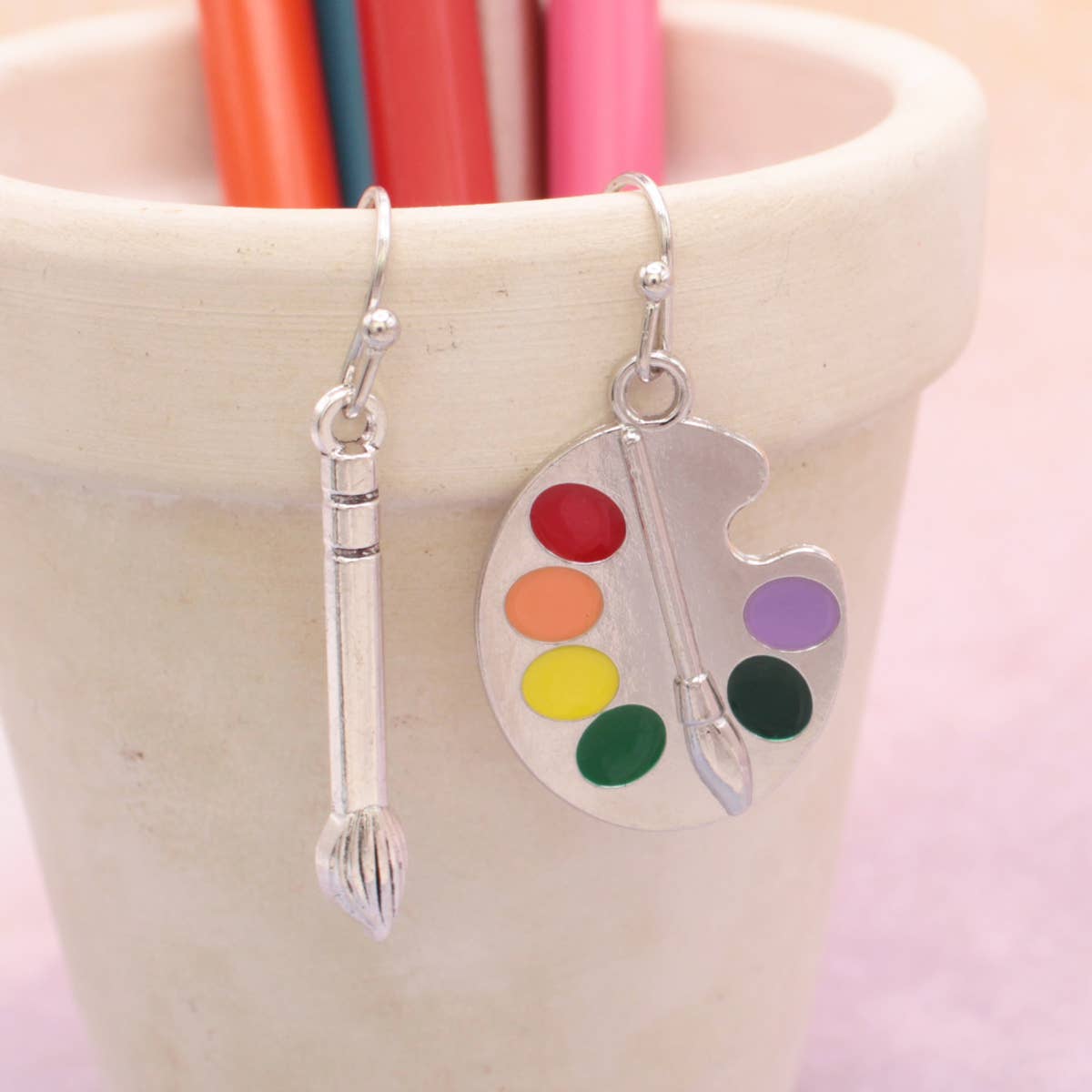 Artists Tool Brush & Palette Silver Earrings
