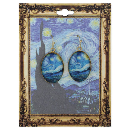 Starry Night Print Gold Oval Fine Art Earrings