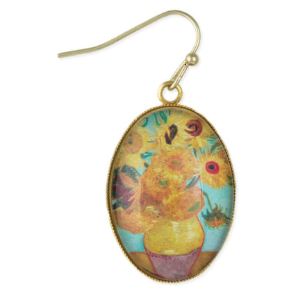 Sunflowers Print Gold Oval Fine Art Earrings