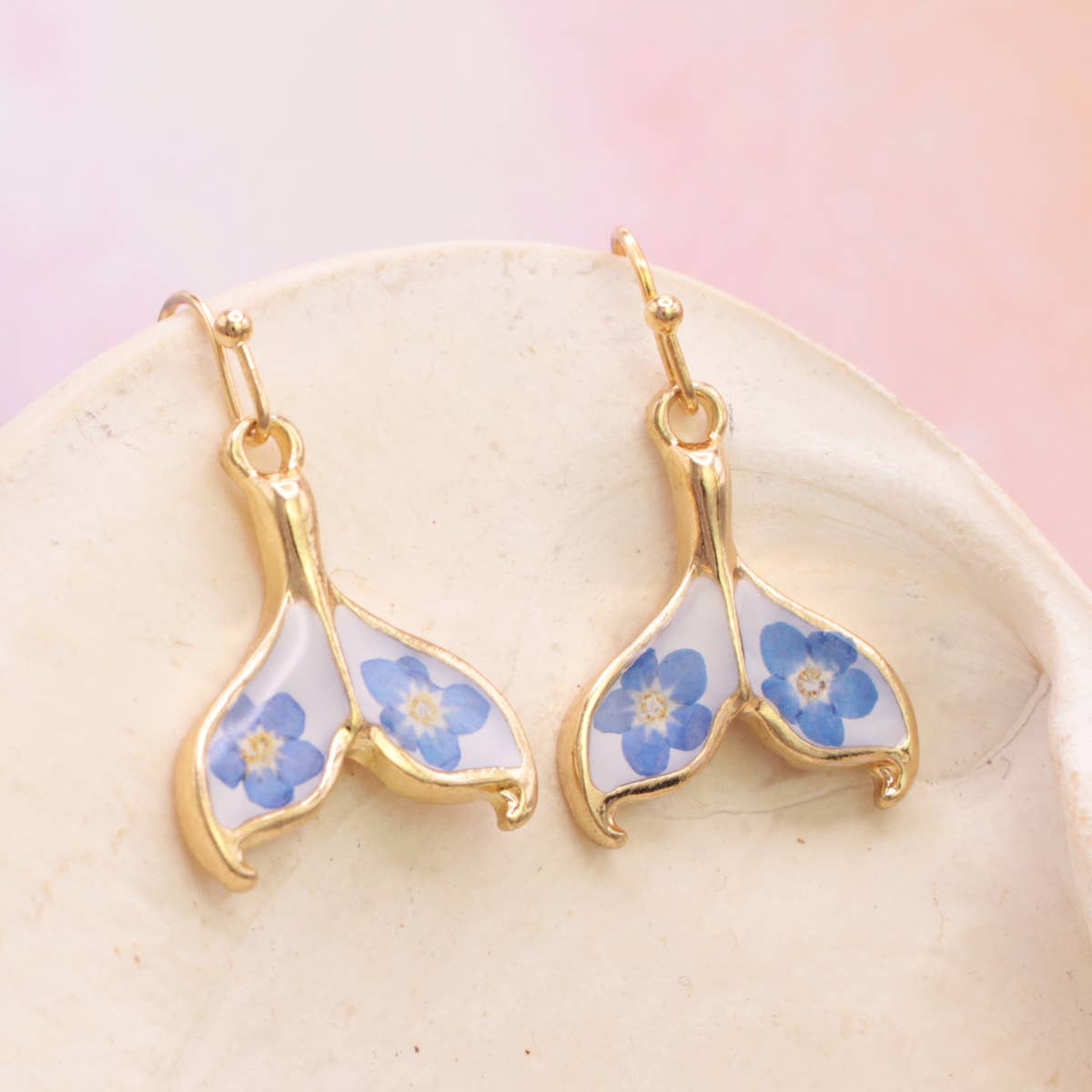 Ocean Blue Dried Flower Gold Mermaid Tail Earrings