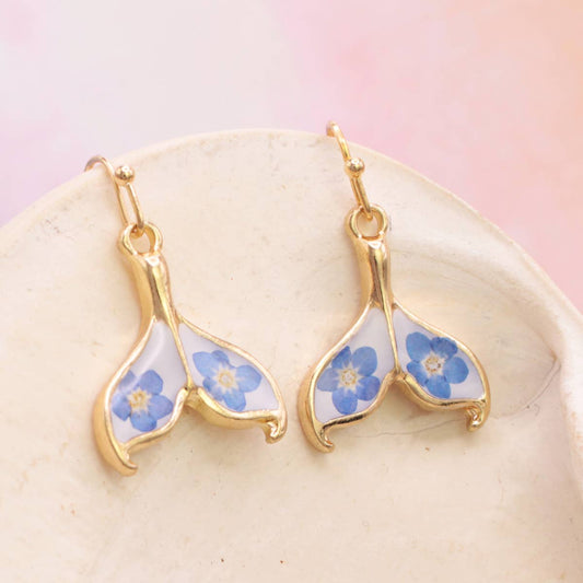 Ocean Blue Dried Flower Gold Mermaid Tail Earrings