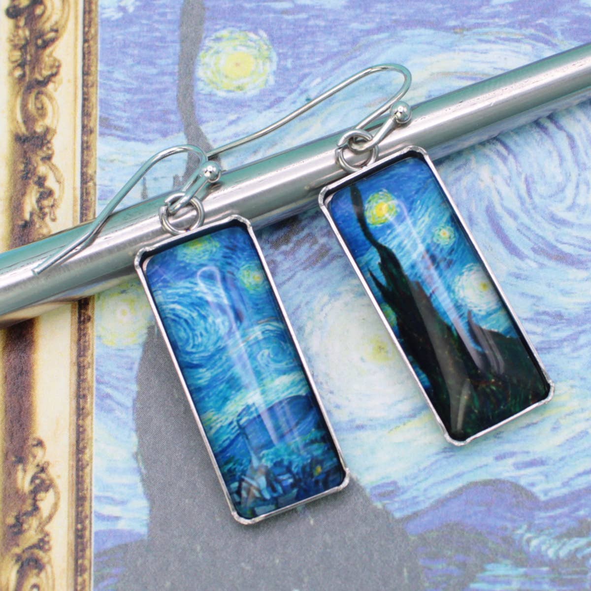 Starry Night Print Silver Bar Fine Art Earrings