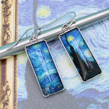 Starry Night Print Silver Bar Fine Art Earrings