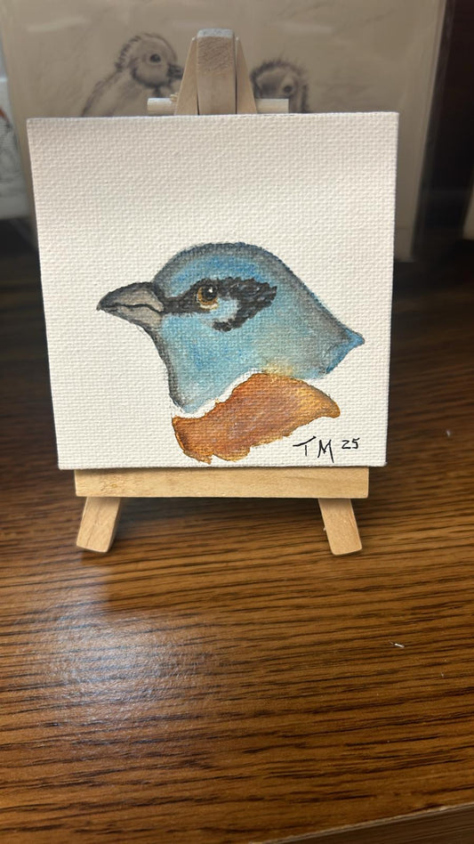 Miniature Blue & Siena Abstract – 3x3" Original Watercolor/Gouache on Canvas with Wooden Easel by Tara