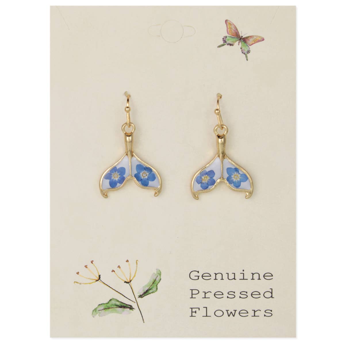 Ocean Blue Dried Flower Gold Mermaid Tail Earrings