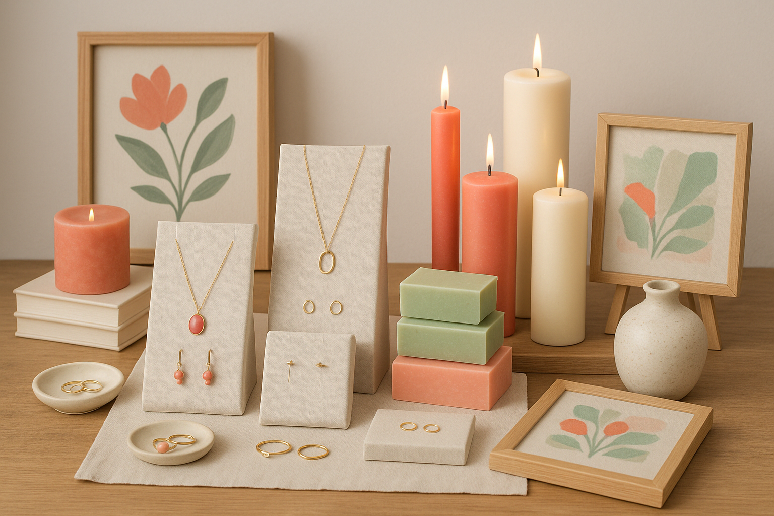 handmade jewelry, soaps, candles and art in a neutral palette with a pop of color